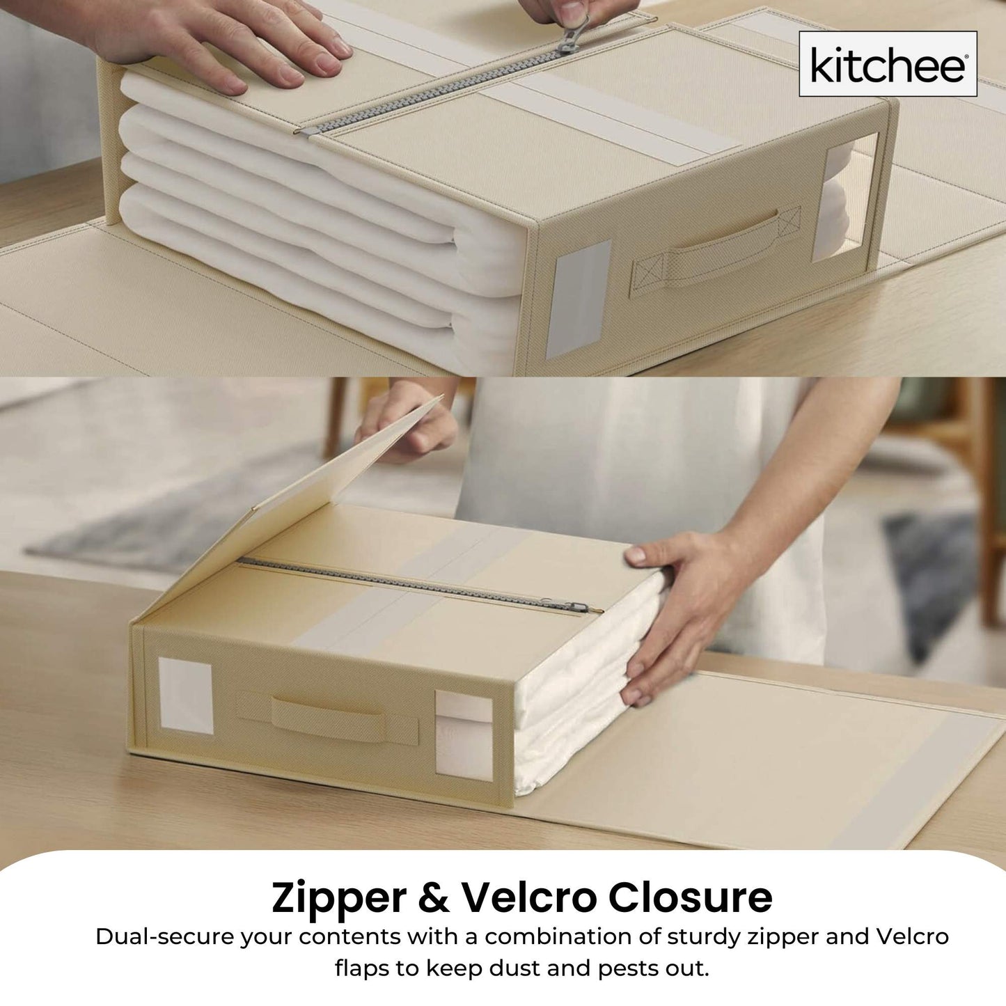 Kitchee Foldable Bed Sheet Storage Boxes – Linen Blanket & Closet Organiser Beige-2