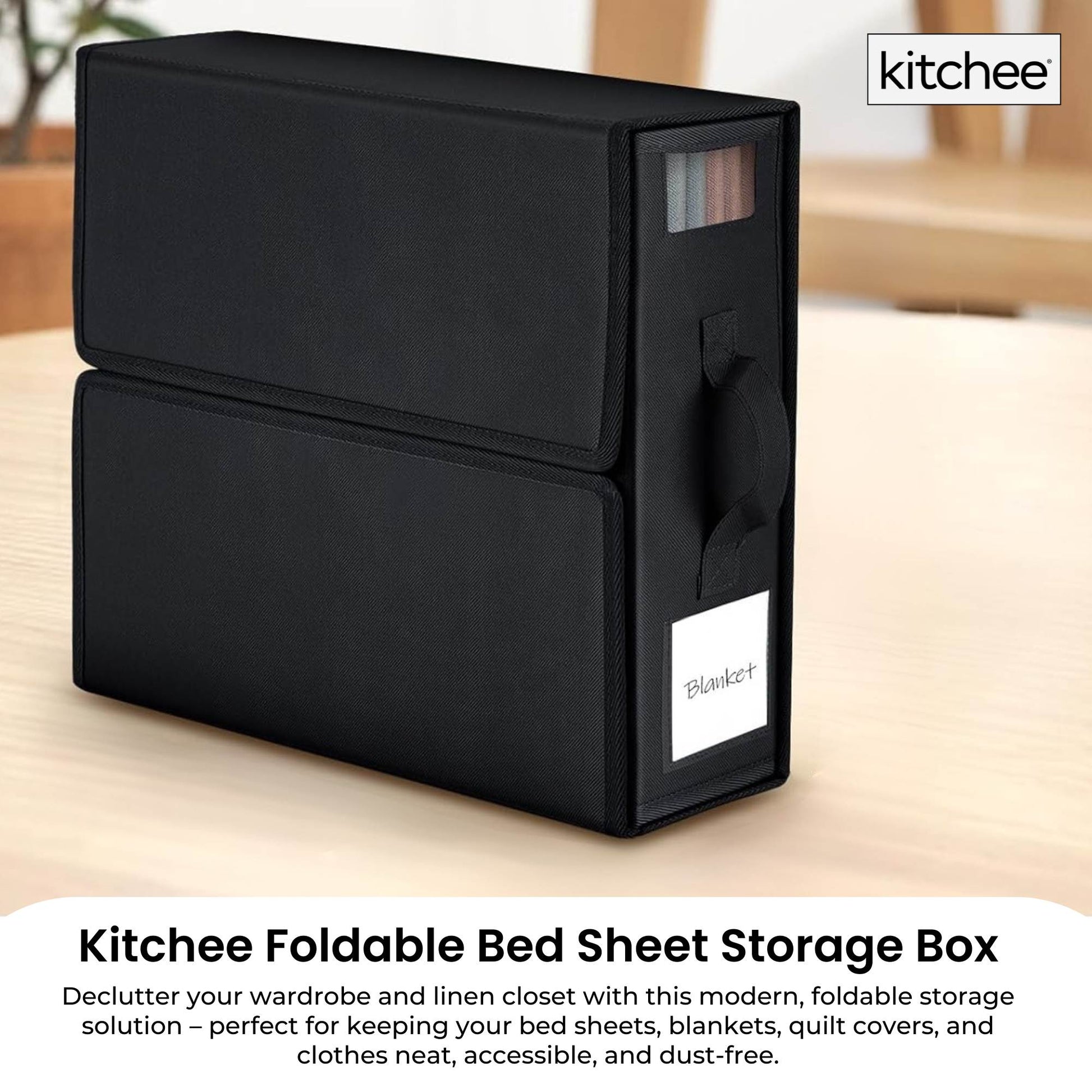 Kitchee Foldable Bed Sheet Storage Boxes – Linen Blanket & Closet Organiser Black-1