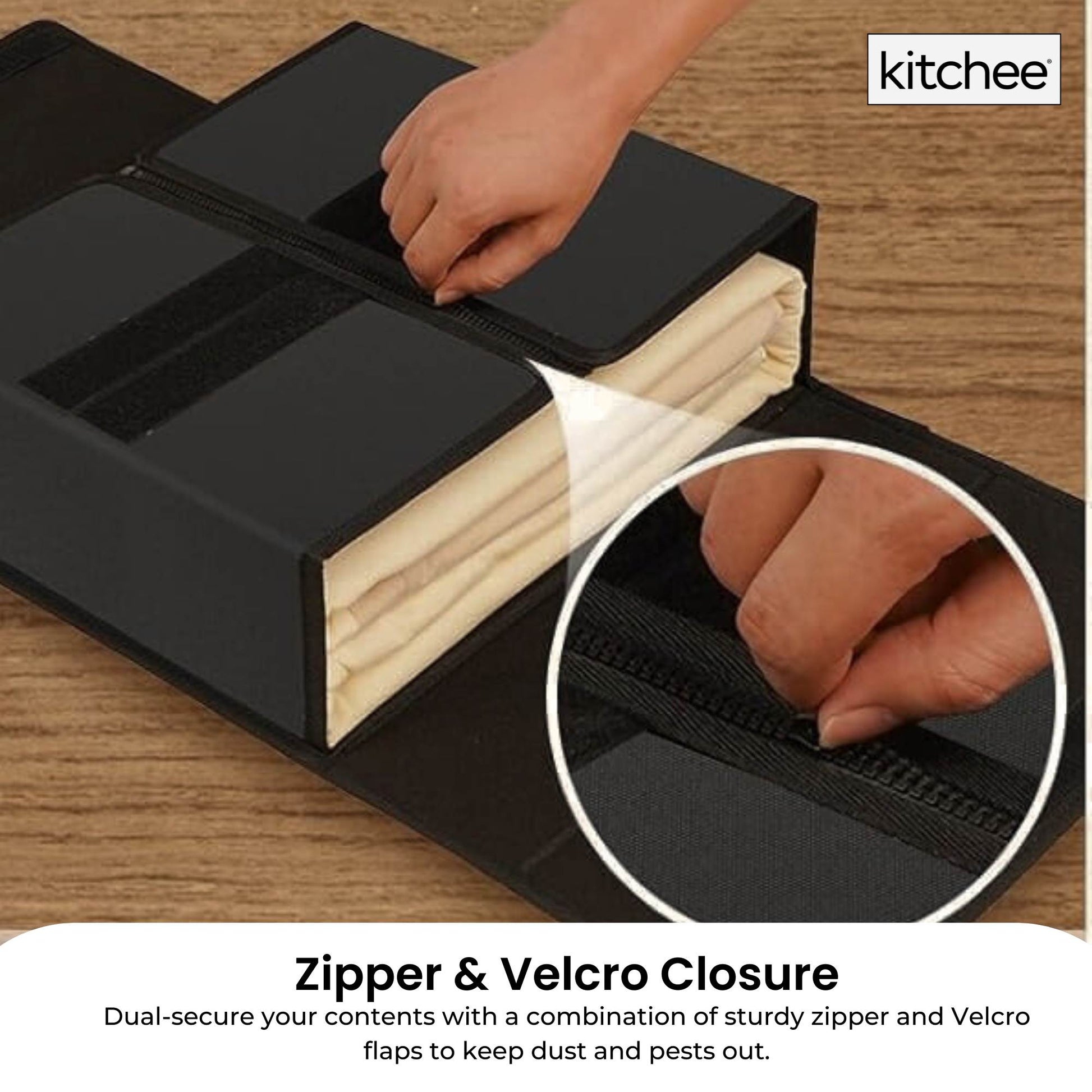 Kitchee Foldable Bed Sheet Storage Boxes – Linen Blanket & Closet Organiser Black-2