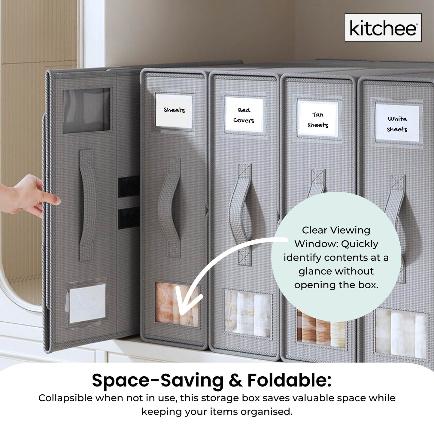 Kitchee Foldable Bed Sheet Storage Boxes – Linen Blanket & Closet Organiser Grey-3
