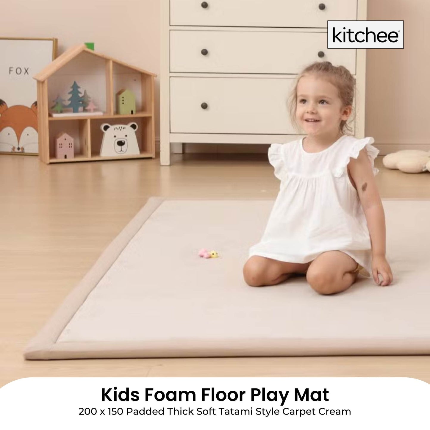 Kitchee Kids Foam Floor Play Mat 150x200cm – Padded Thick Soft Tatami Style Cream-1