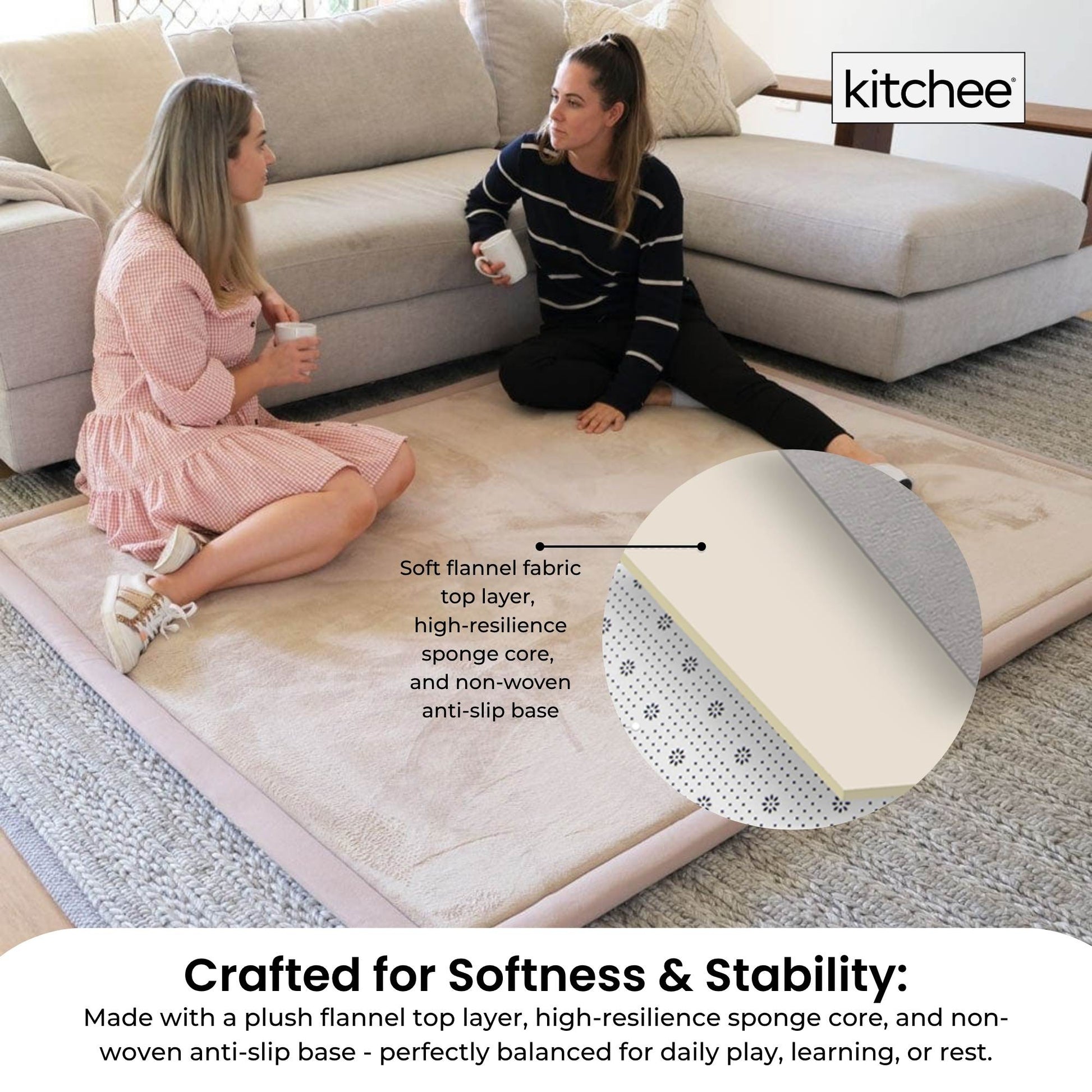 Kitchee Kids Foam Floor Play Mat 150x200cm – Padded Thick Soft Tatami Style Cream-4