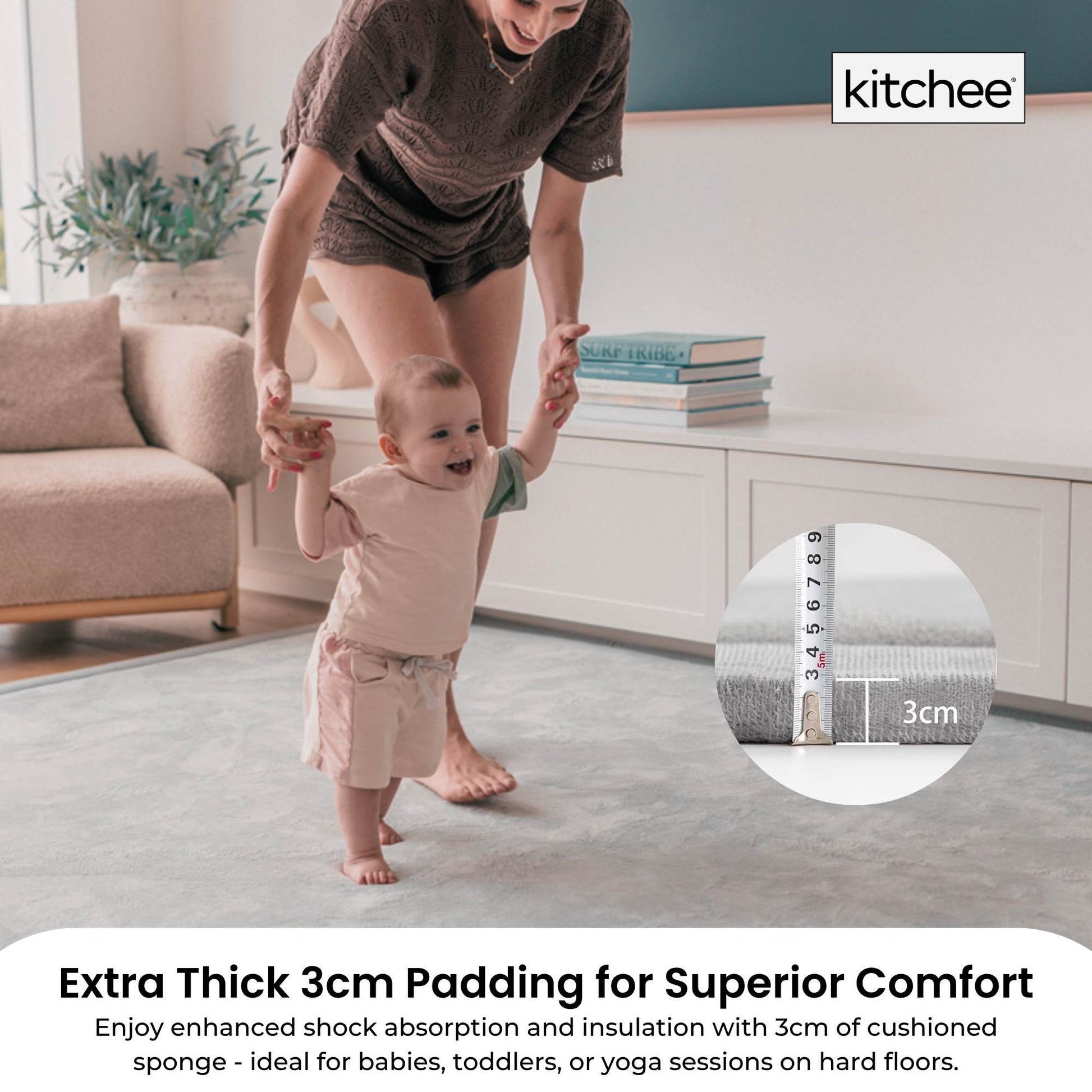 Kitchee Kids Foam Floor Play Mat – Padded Thick Soft Tatami Style Carpet Grey-3
