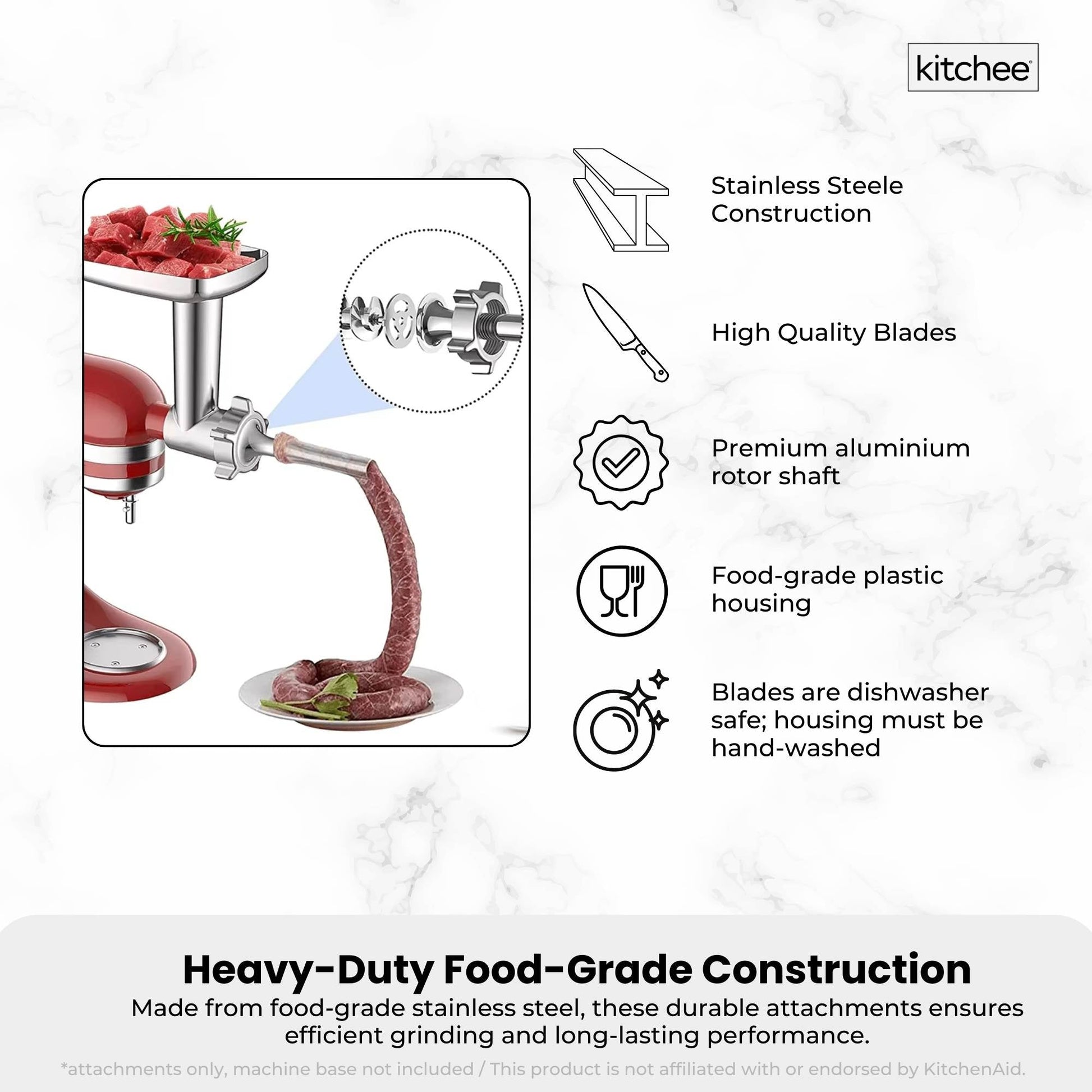 Kitchee Meat Food Grinder Sausage Attachment - Compatible with KitchenAid Mixers-4