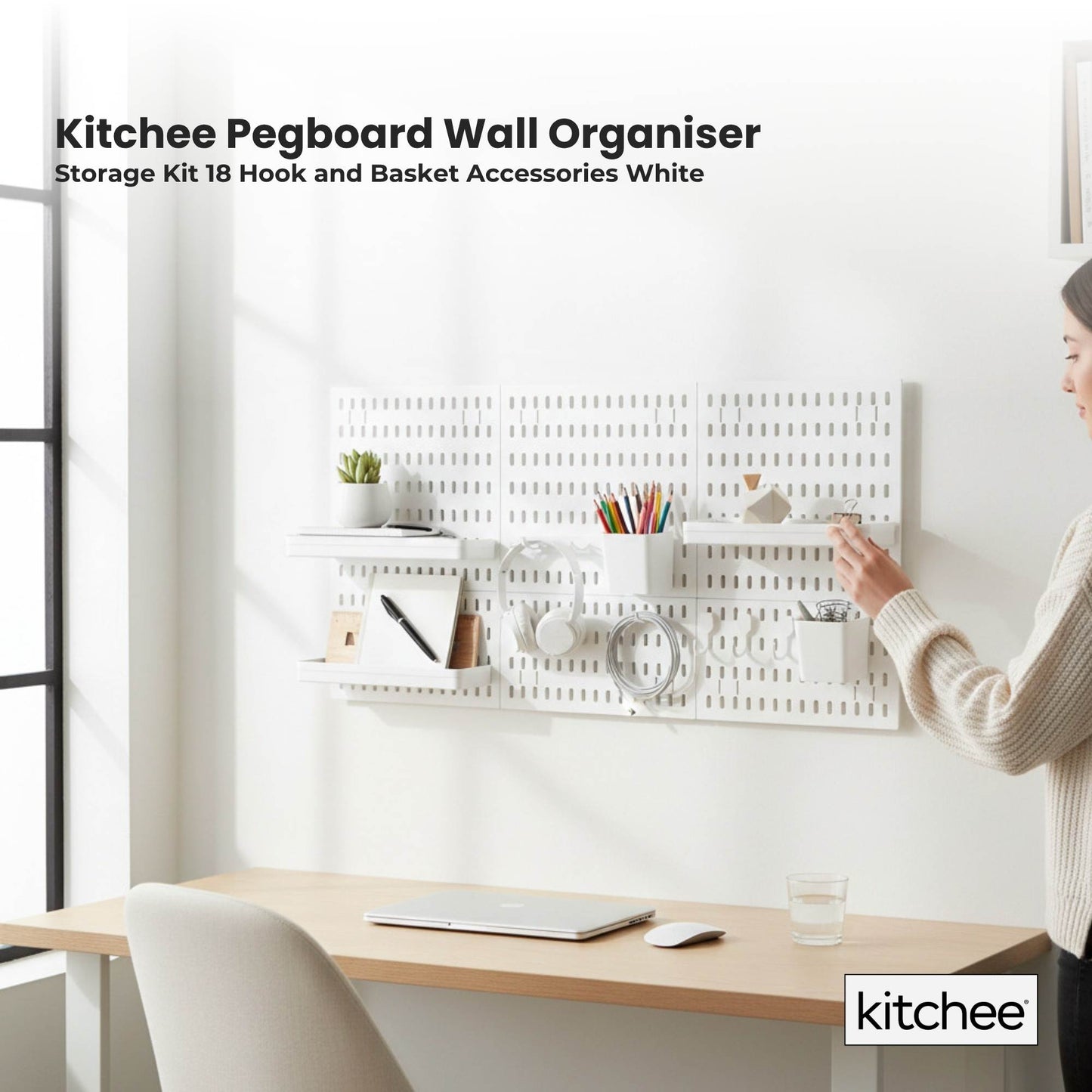 Kitchee Pegboard Wall Organiser Storage Kit 18 Hook and Basket Accessories White-1