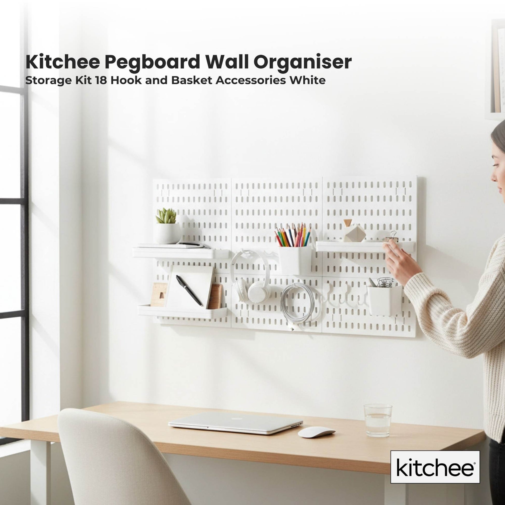 Kitchee Pegboard Wall Organiser Storage Kit 18 Hook and Basket Accessories White-1