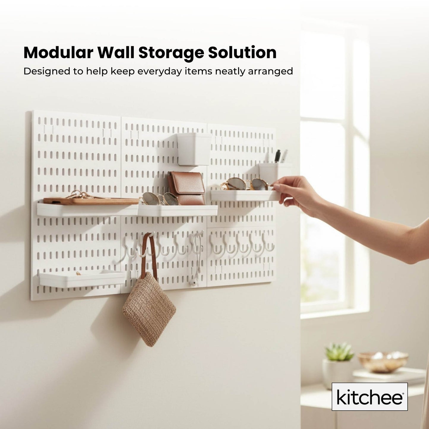 Kitchee Pegboard Wall Organiser Storage Kit 18 Hook and Basket Accessories White-2