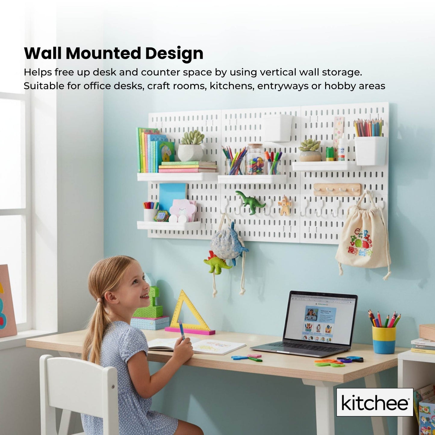 Kitchee Pegboard Wall Organiser Storage Kit 18 Hook and Basket Accessories White-3