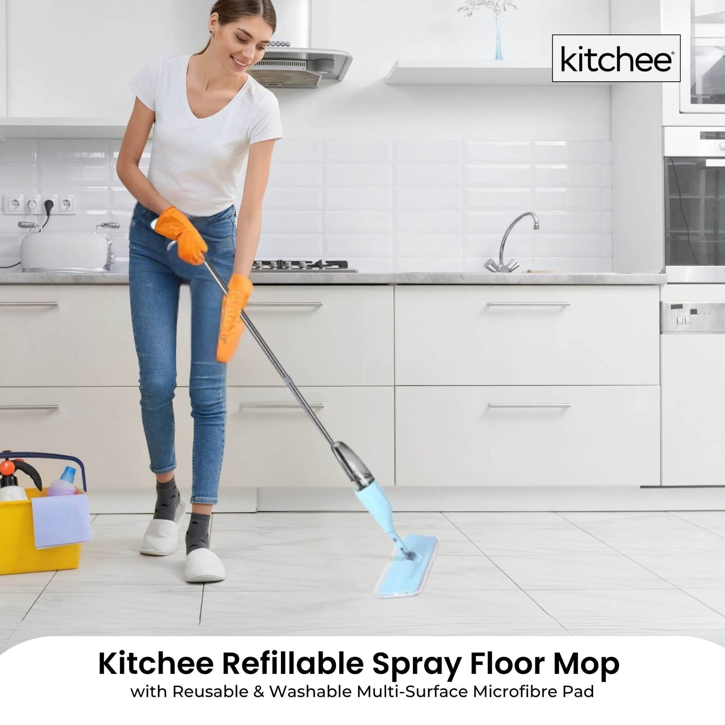 Kitchee Refillable Spray Floor Mop with Reusable & Washable Multi-Surface Microfibre Pad-1