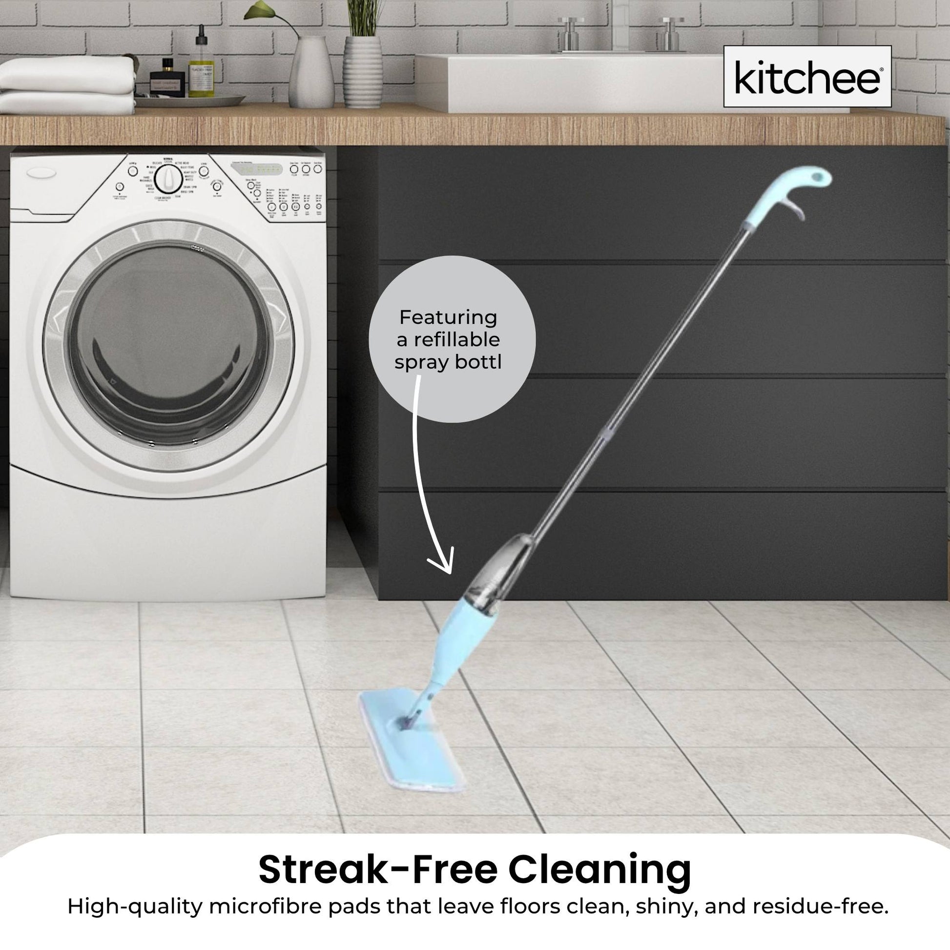 Kitchee Refillable Spray Floor Mop with Reusable & Washable Multi-Surface Microfibre Pad-2