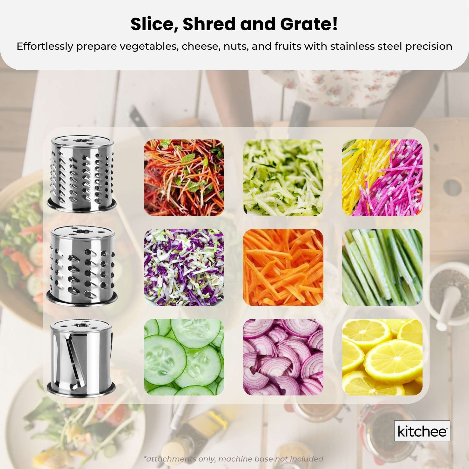 Kitchee Slicer Shredder Grater 3 Attachments - Compatible with KitchenAid Mixer-2
