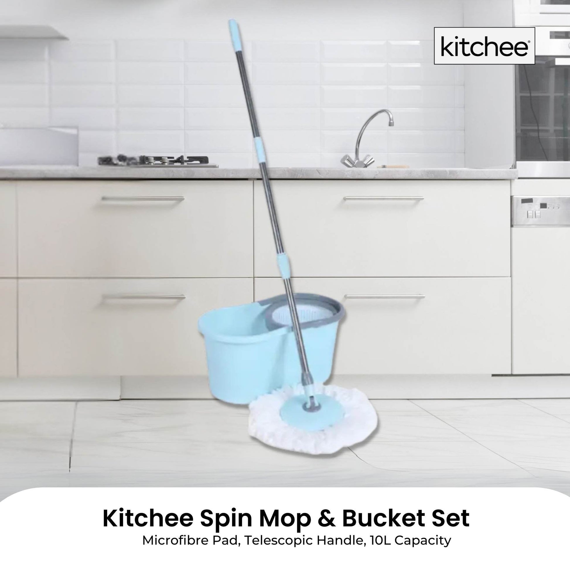 Kitchee Spin Mop & Bucket Set – Microfibre Pad, Telescopic Handle, 10L Capacity-1