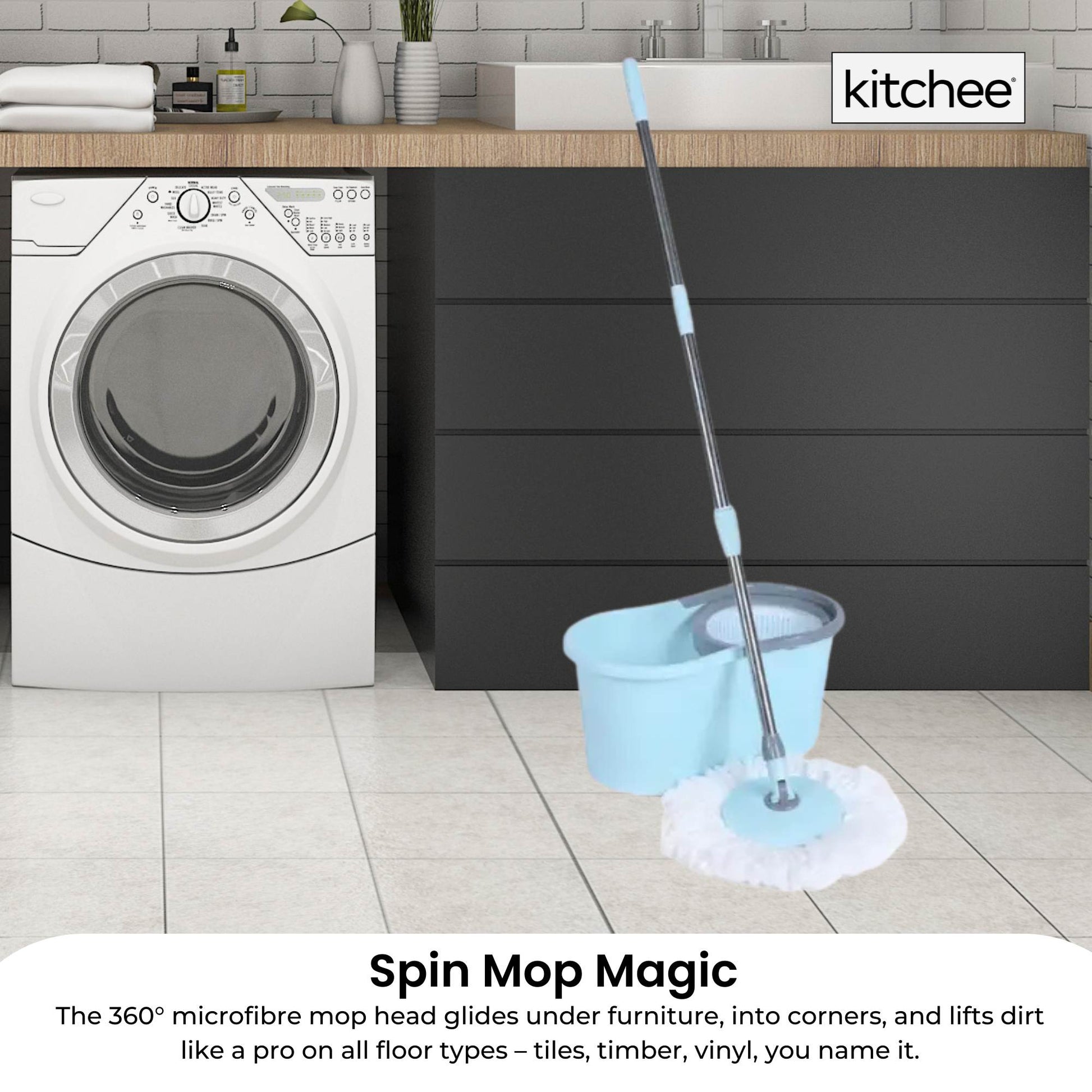 Kitchee Spin Mop & Bucket Set – Microfibre Pad, Telescopic Handle, 10L Capacity-3