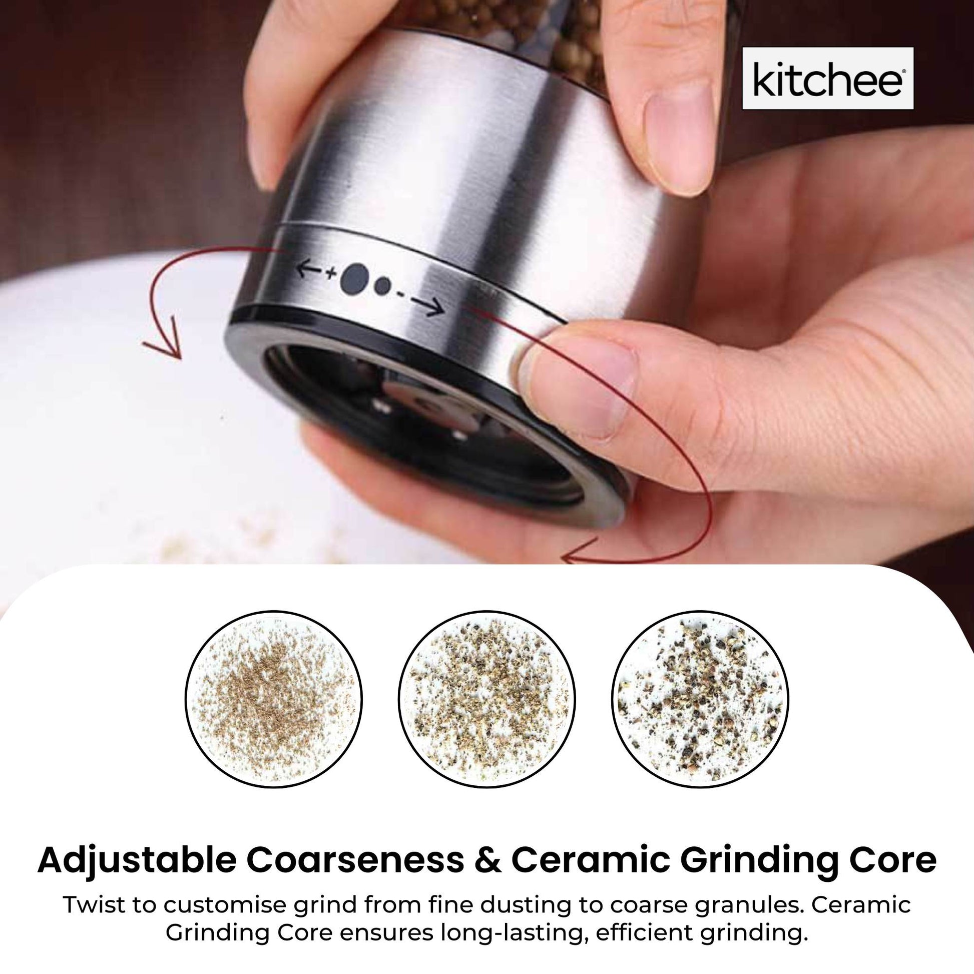 Kitchee Stainless Steel Salt Pepper Spice Grinder Mill - Adjustable Coarseness-4