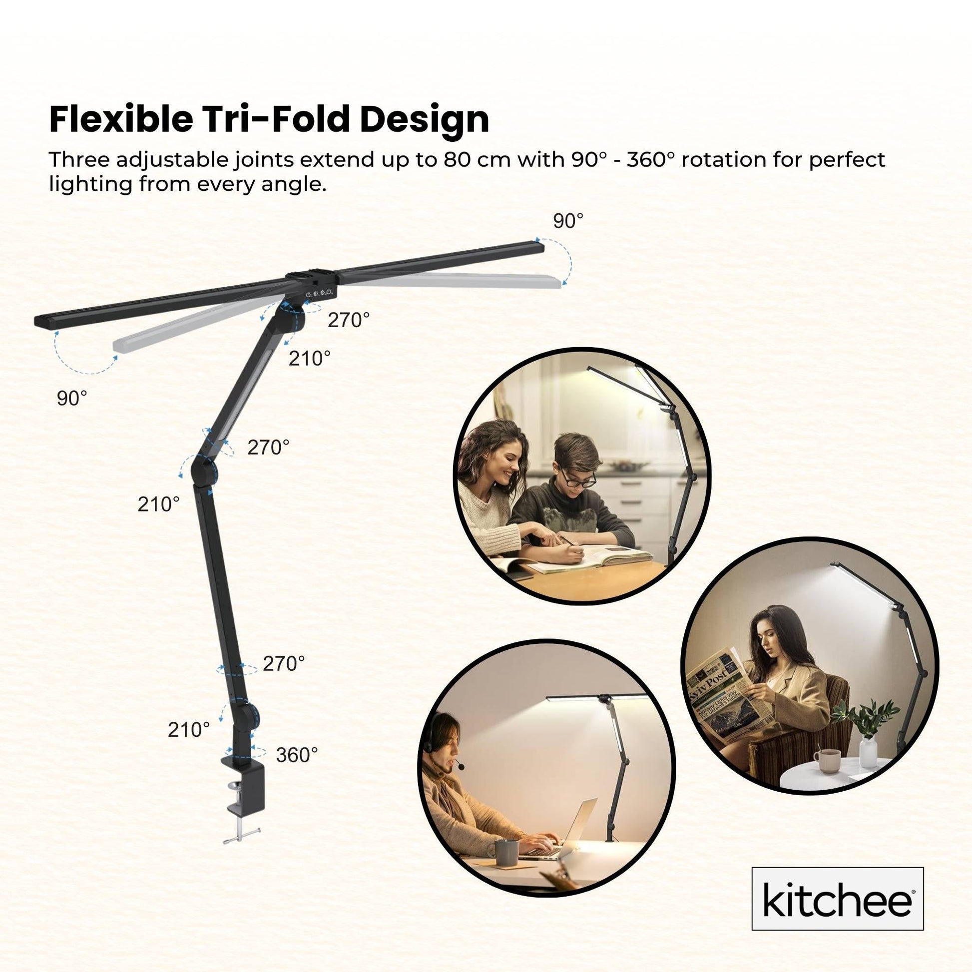 Kitchee Tri-Fold LED Desk Lamp with Clamp - Swinging Arm Eye-Care Dimmable Light-2