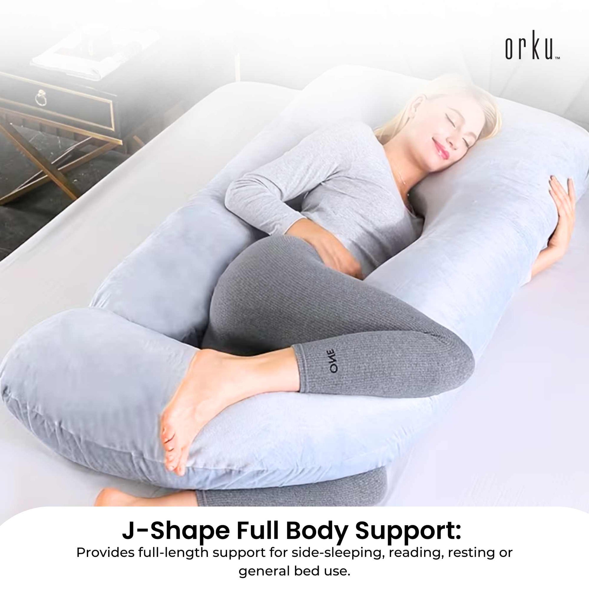 Orku Maternity Pregnancy Pillow - J-Shape Full Length for Side Sleepers Grey-3