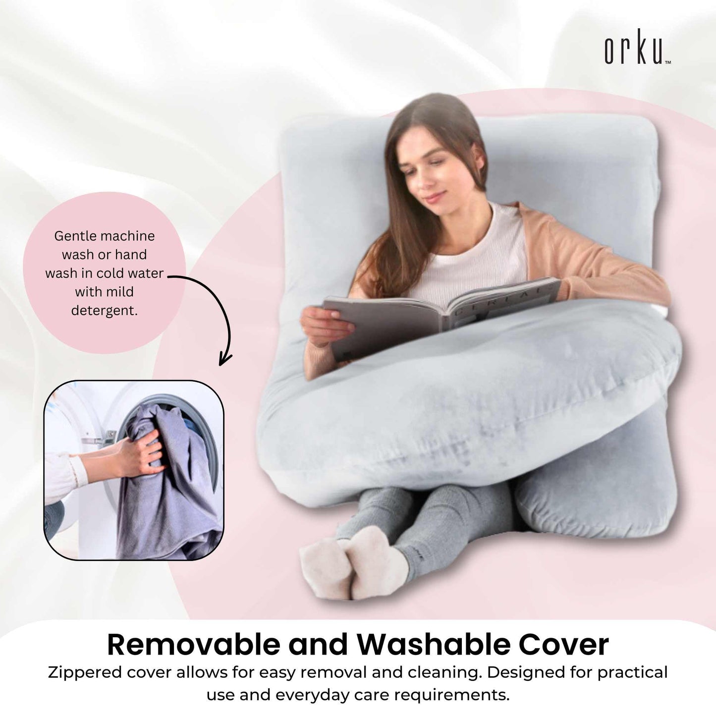 Orku Maternity Pregnancy Pillow - J-Shape Full Length for Side Sleepers Grey-4