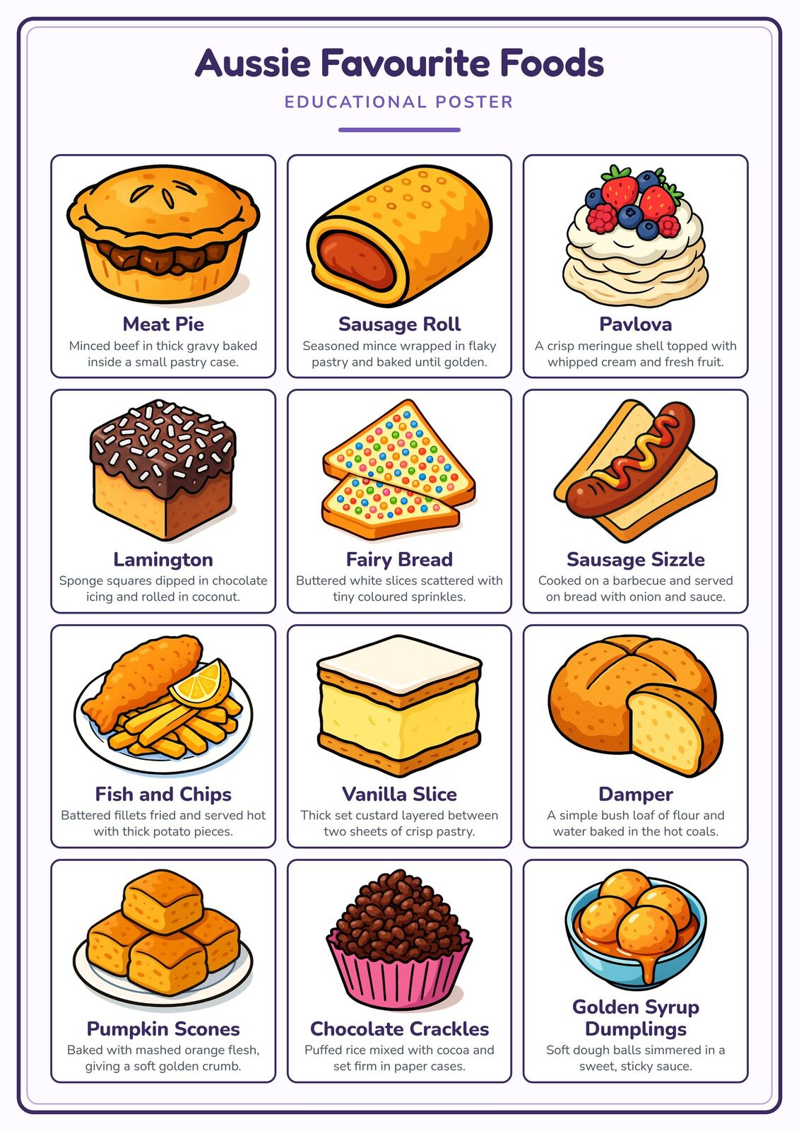 Aussie Favourite Foods: A4 Matte Laminated Educational Poster Print - 210x297mm