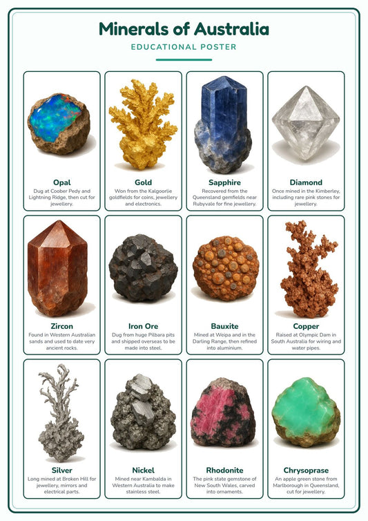 Minerals of Australia: A4 Matte Laminated Educational Poster Print - 210x297mm