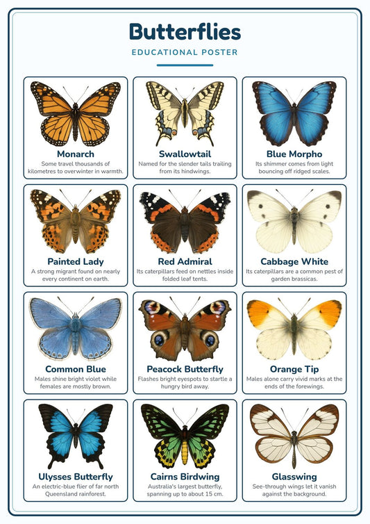Butterflies: A4 Matte Laminated Educational Poster Print - 210x297mm