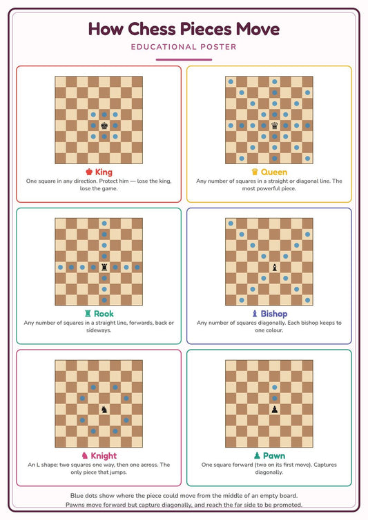 How Chess Pieces Move: A4 Matte Laminated Educational Poster Print - 210x297mm