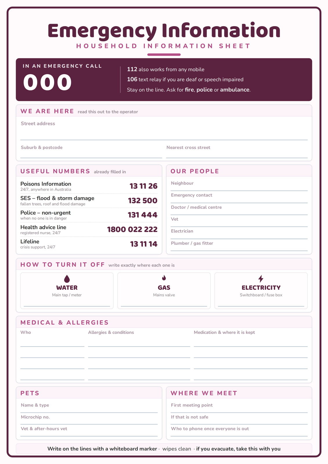 Household Emergency Information Sheet: A4 Matte Laminated Educational Poster Print - 210x297mm