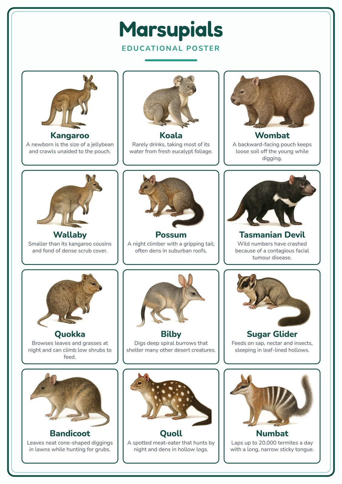 Marsupials: A4 Matte Laminated Educational Poster Print - 210x297mm