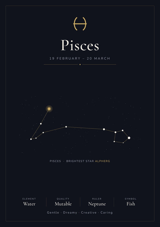Pisces Zodiac Constellation Black: A4 Matte Laminated Educational Poster Print - 210x297mm