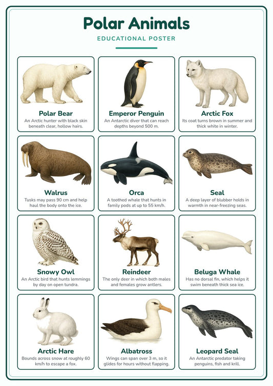 Polar Animals: A4 Matte Laminated Educational Poster Print - 210x297mm