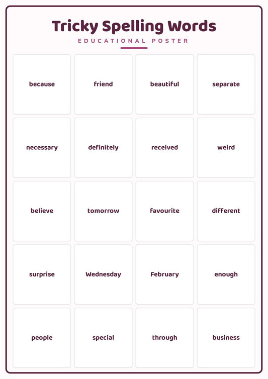 Tricky Spelling Words: A4 Matte Laminated Educational Poster Print - 210x297mm
