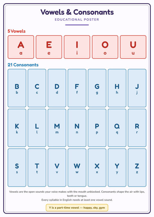 Vowels & Consonants: A4 Matte Laminated Educational Poster Print - 210x297mm