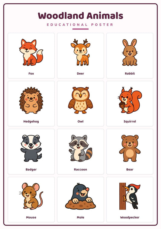 Woodland Animals: A4 Matte Laminated Educational Poster Print - 210x297mm