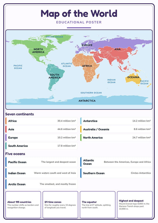 Map of the World: A4 Matte Laminated Educational Poster Print - 210x297mm
