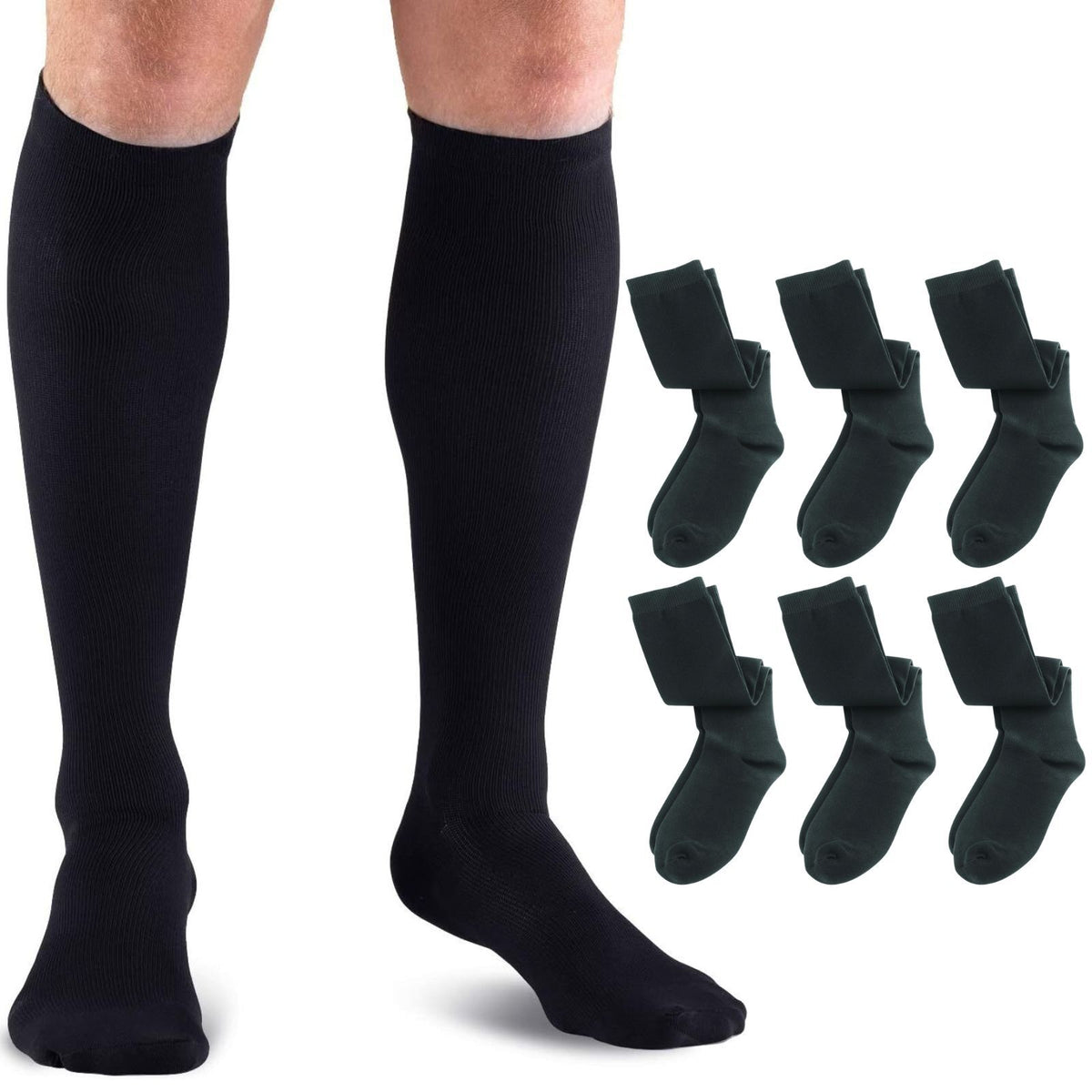 6x Lewis N. Clark Compact Travel Compression Socks Anti Fatigue Support - Black (Medium Size)