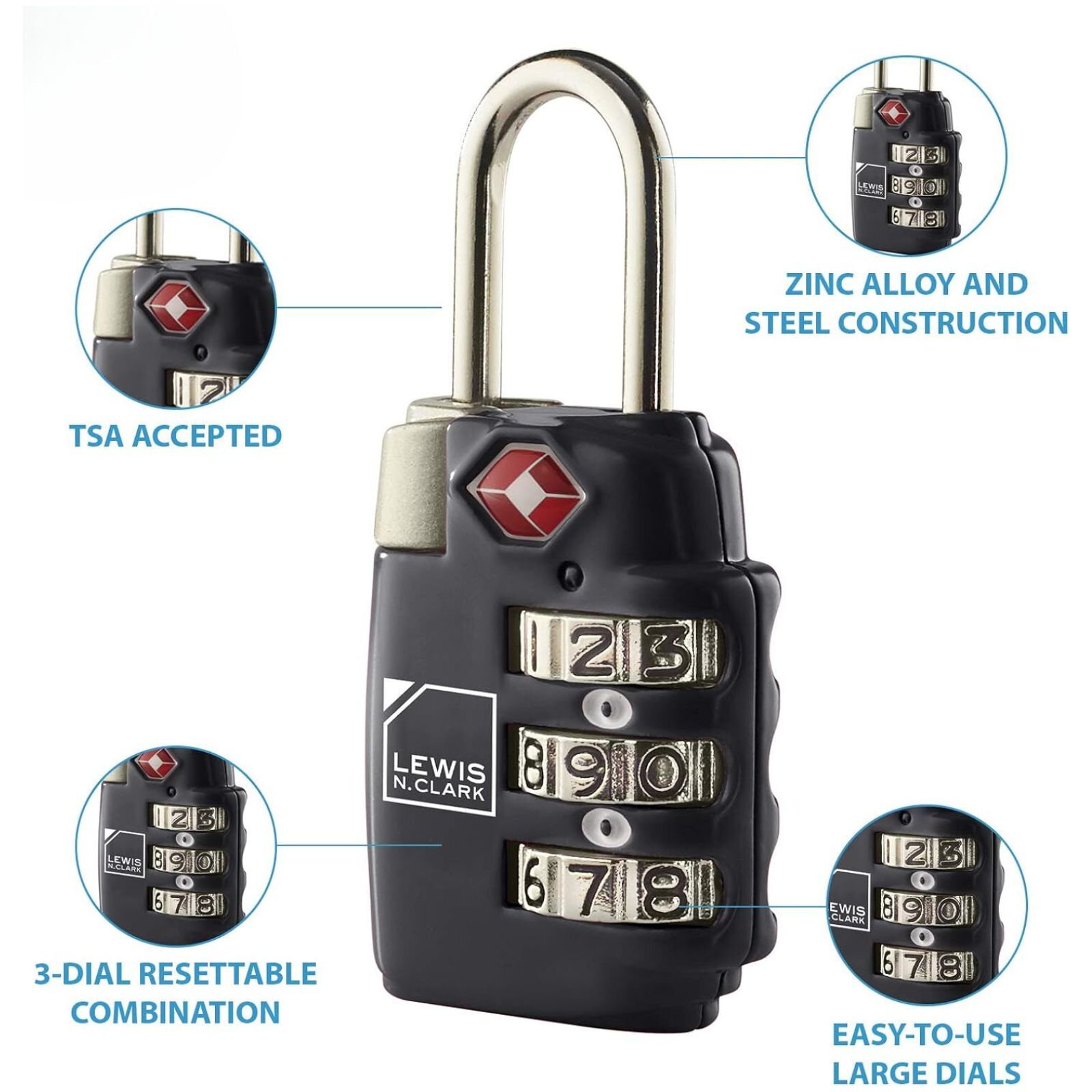 2x Lewis N Clark TSA Combi Lock Travel Luggage Padlock - Black-4