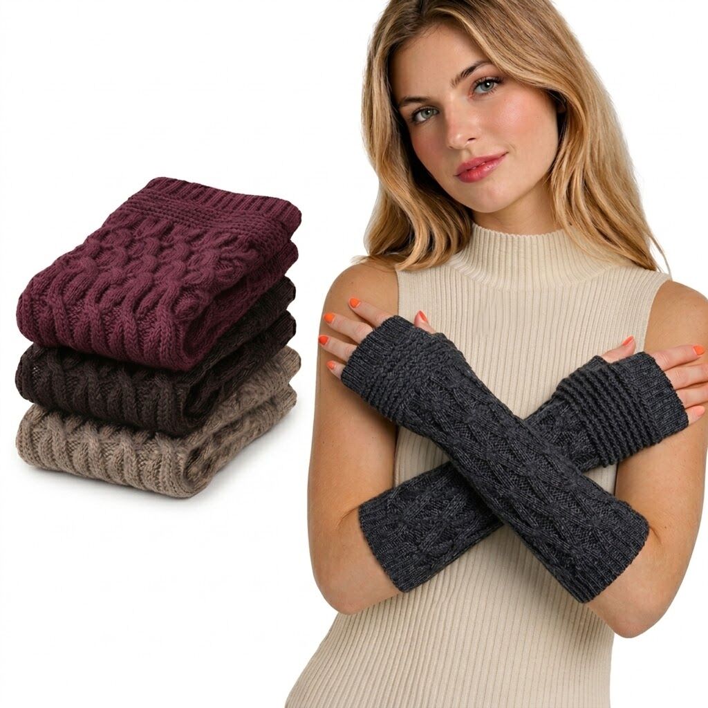 3x Womens Arm Warmers Winter Long Knitted Fingerless Gloves - Assorted