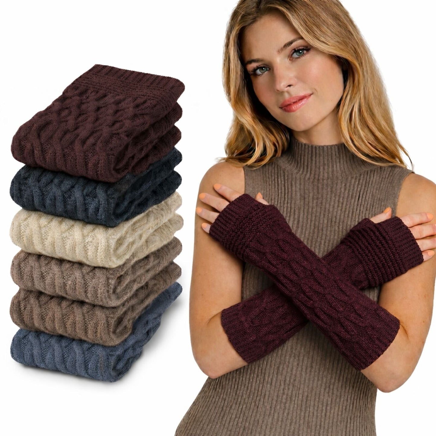 6x Womens Arm Warmers Winter Long Knitted Fingerless Gloves - Assorted