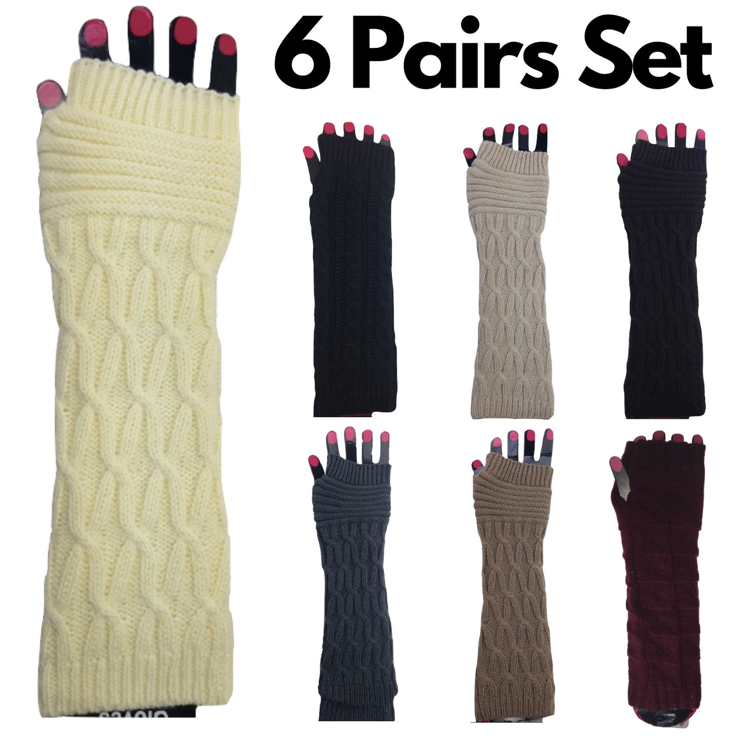 6x Set Arm Warmers Knitted Long Fingerless Gloves Winter Mitten Womens Cover New-1