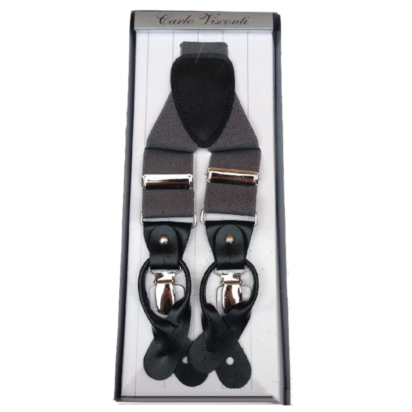 Mens Premium Convertible Suspenders Braces Clip On Elastic Y-Back Traditional Leather Tab - Dark Grey-0
