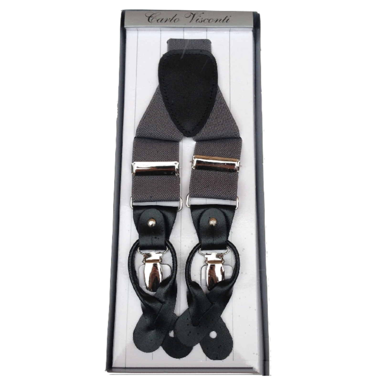 Mens Premium Convertible Suspenders Braces Clip On Elastic Y-Back Traditional Leather Tab - Dark Grey-0