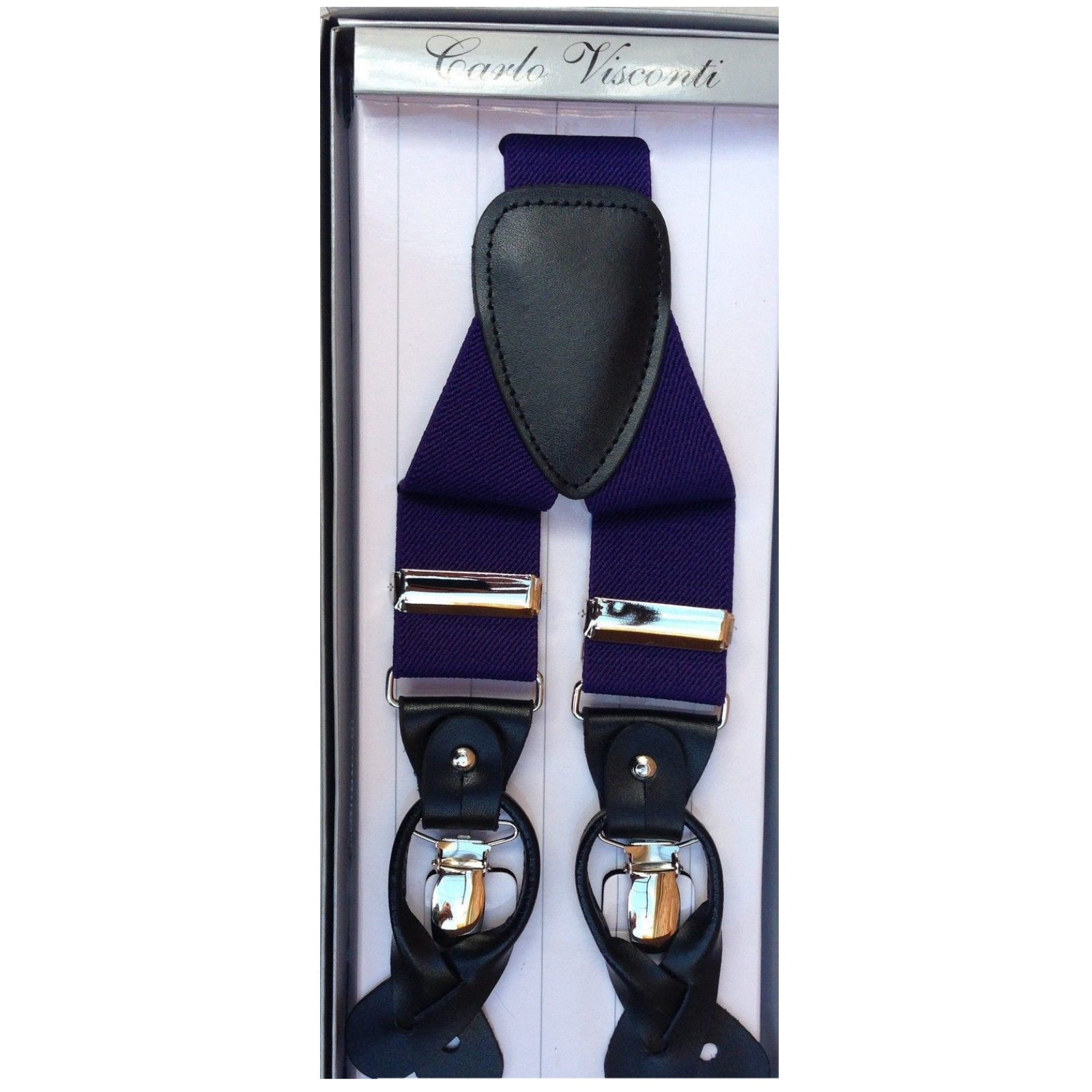 Mens Premium Convertible Suspenders Braces Clip On Elastic Y-Back Traditional Leather Tab - Dark Purple-0