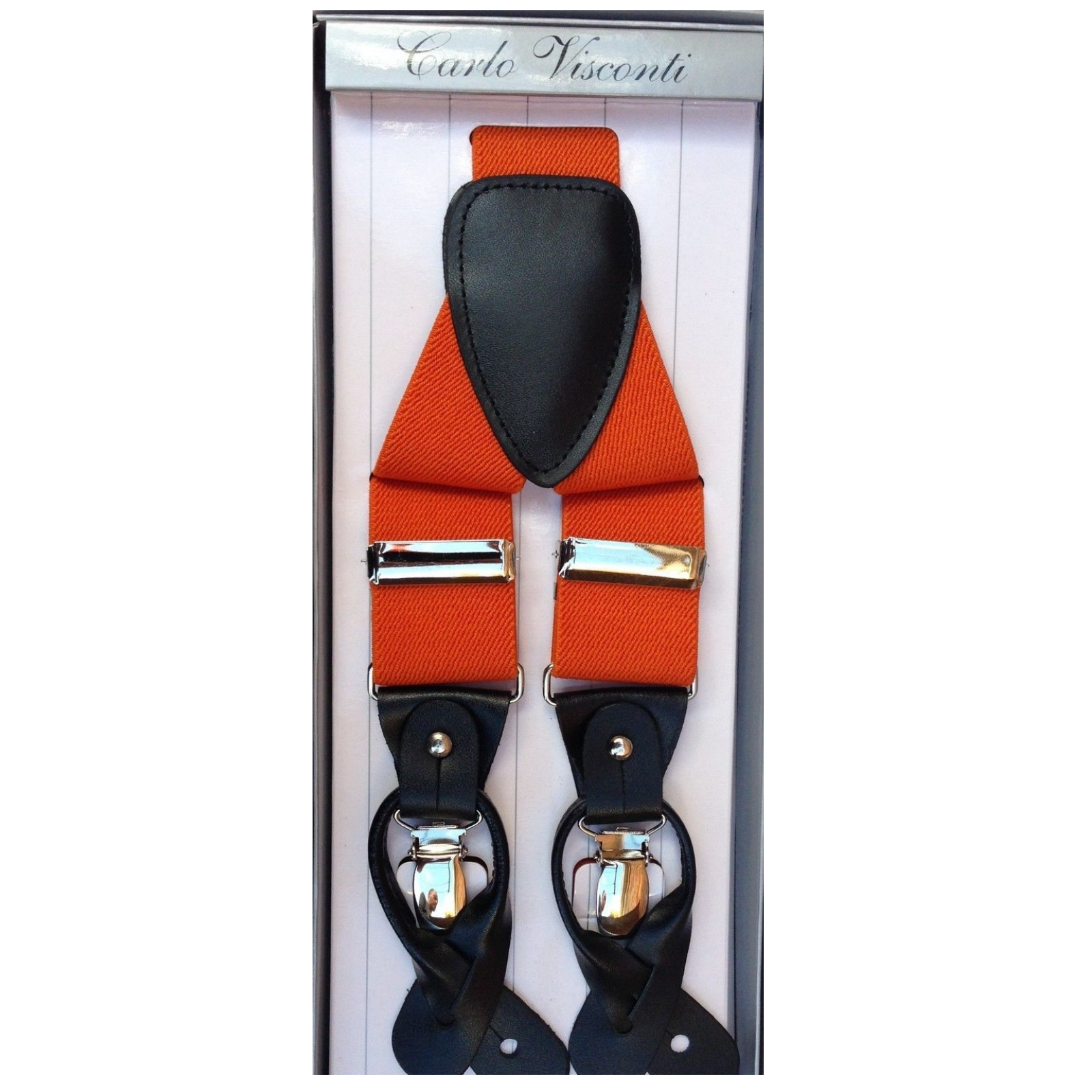 Mens Premium Convertible Suspenders Braces Clip On Elastic Y-Back Traditional Leather Tab - Orange-1