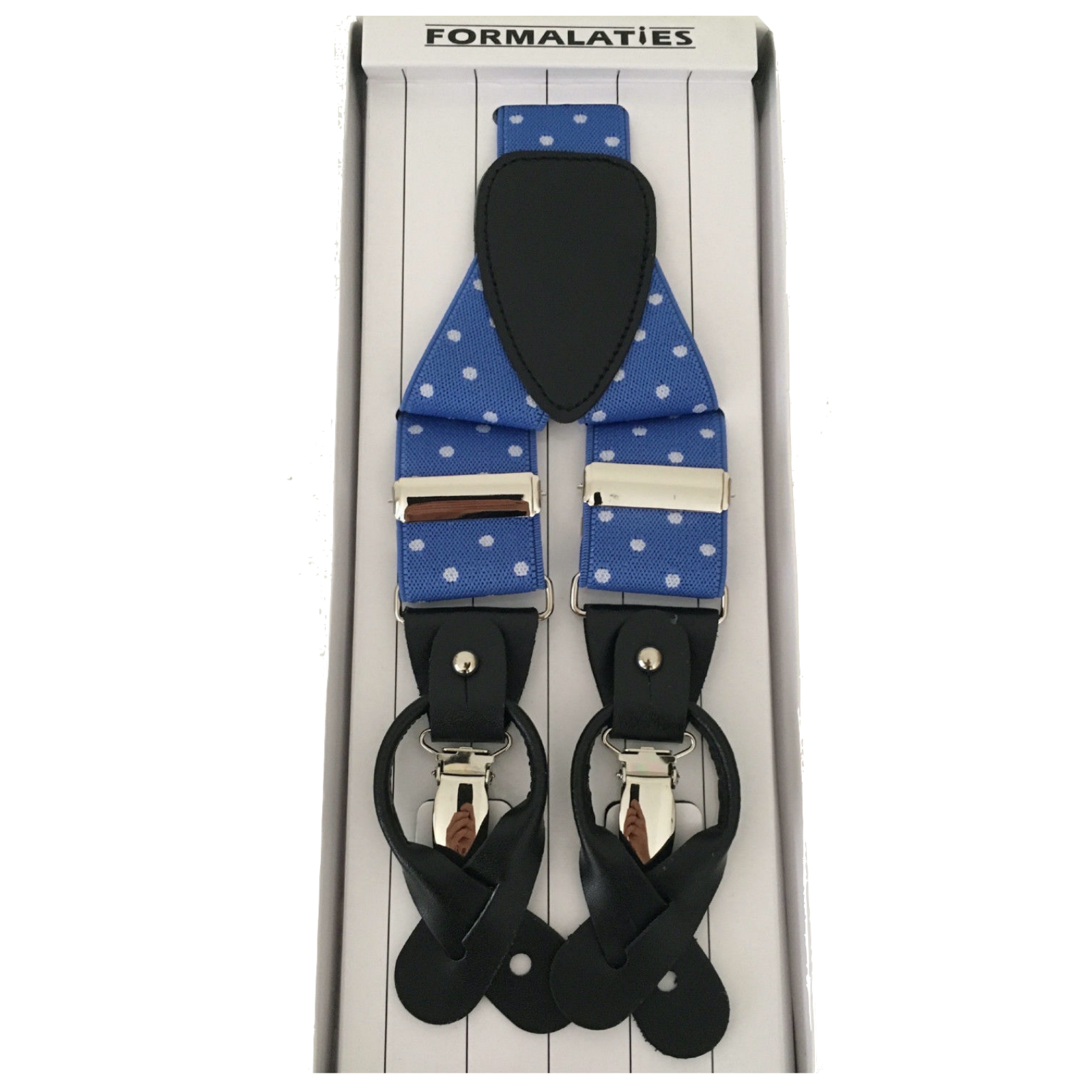 Mens Premium Convertible Suspenders Braces Clip On Elastic Y-Back Traditional Leather Tab - Polka Cyan/White-0