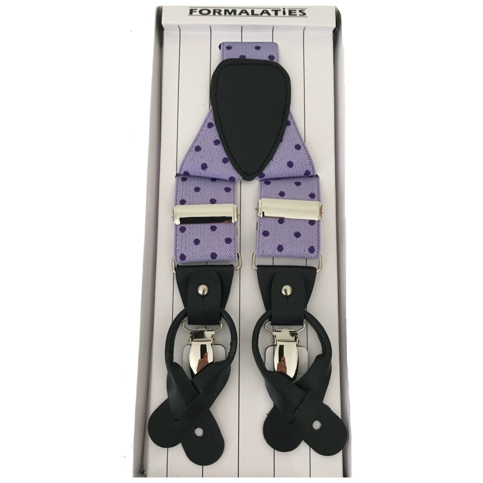 Mens Premium Convertible Suspenders Braces Clip On Elastic Y-Back Traditional Leather Tab - Polka Lilac/Purple-0