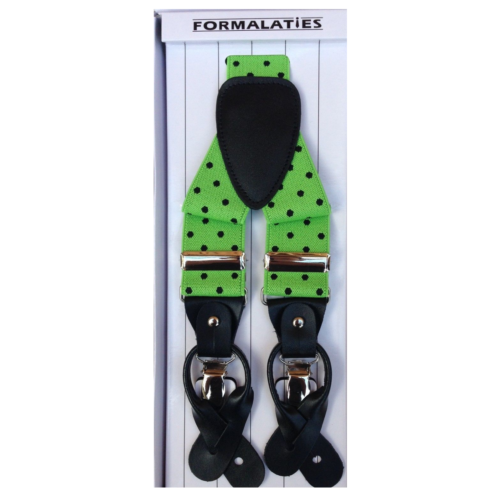 Mens Premium Convertible Suspenders Braces Clip On Elastic Y-Back Traditional Leather Tab - Polka Lime/Black-0