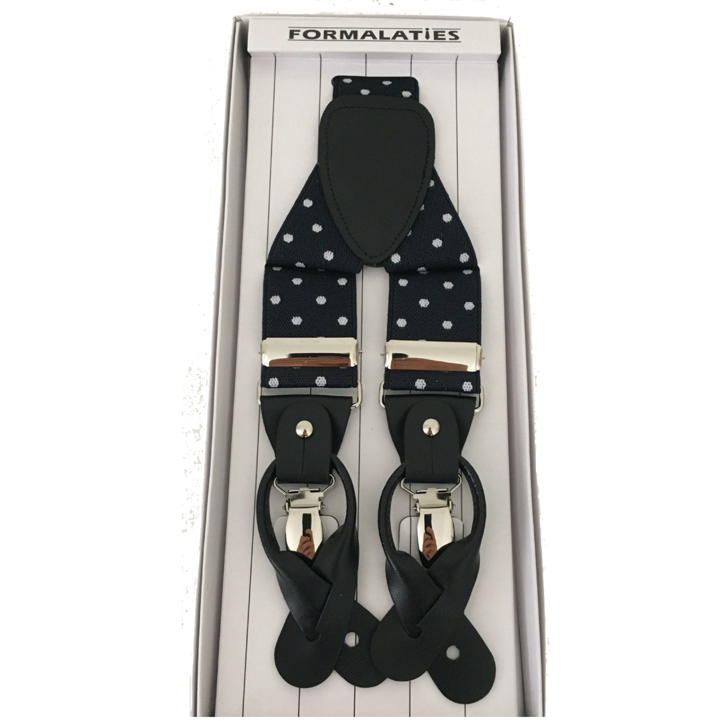 Mens Premium Convertible Suspenders Braces Clip On Elastic Y-Back Traditional Leather Tab - Polka Navy/White-1