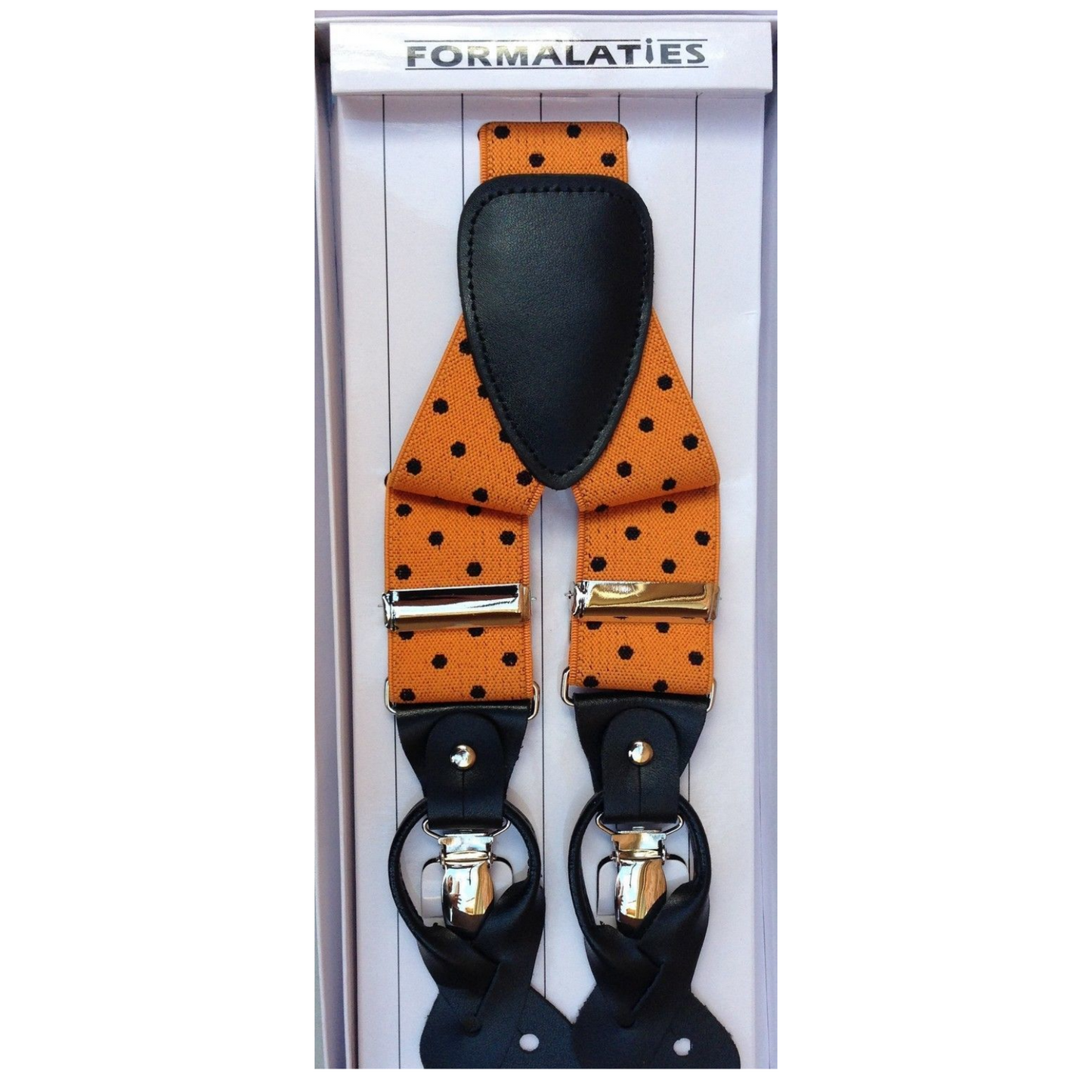 Mens Premium Convertible Suspenders Braces Clip On Elastic Y-Back Traditional Leather Tab - Polka Orange/Black