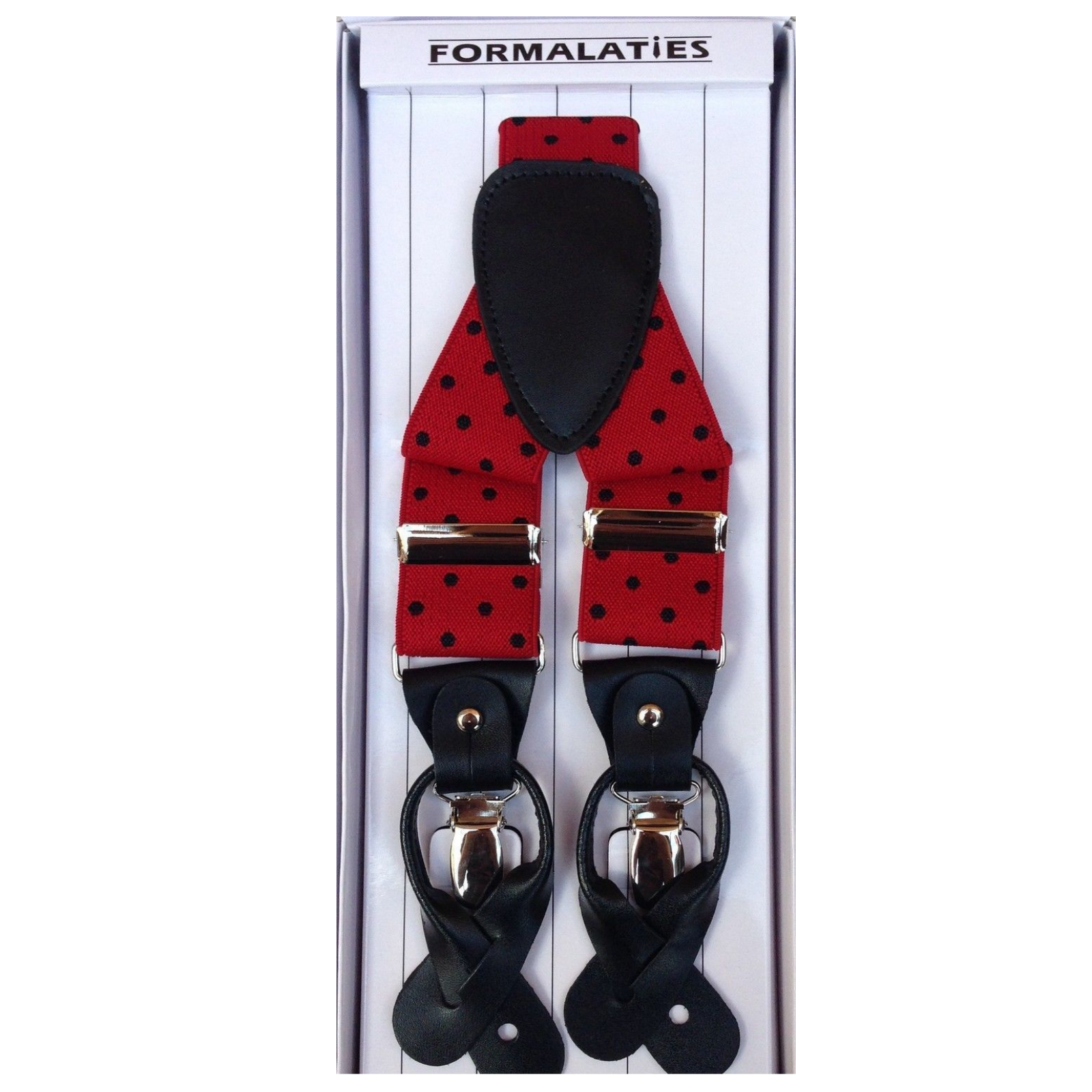 Mens Premium Convertible Suspenders Braces Clip On Elastic Y-Back Traditional Leather Tab - Polka Red/Black-1