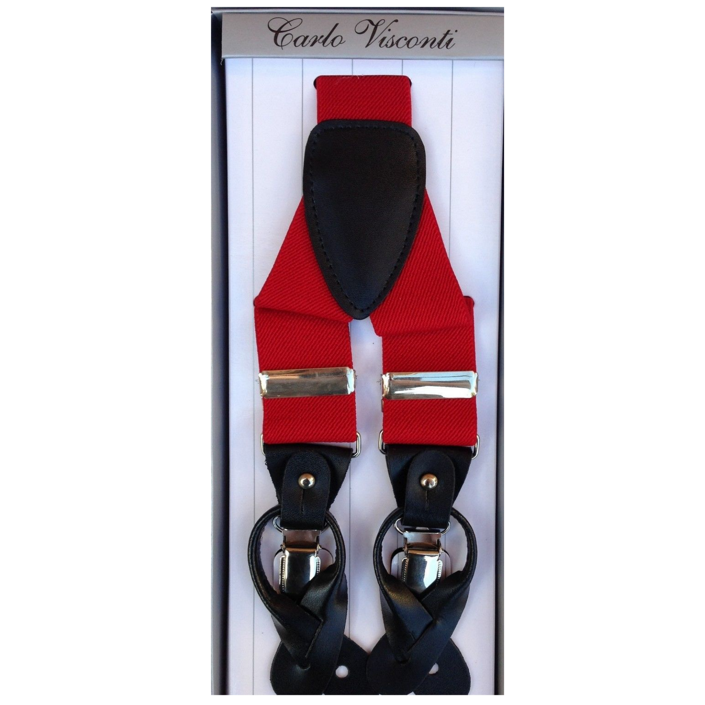 Mens Premium Convertible Suspenders Braces Clip On Elastic Y-Back Traditional Leather Tab - Red-0