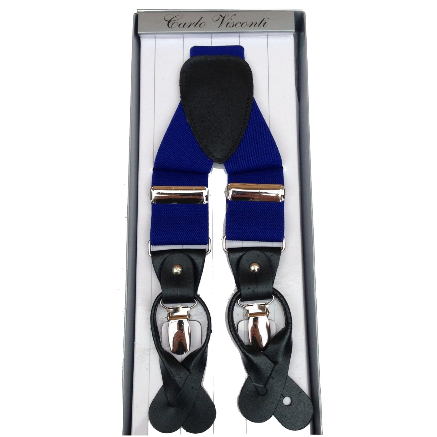 Mens Premium Convertible Suspenders Braces Clip On Elastic Y-Back Traditional Leather Tab - Royal Blue-1